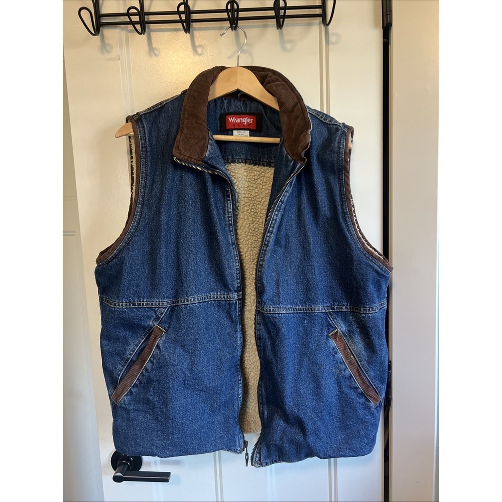 Vintage Wrangler Hero Denim Vest Sherpa Corduroy Collar Blue Mens Large WR370100
